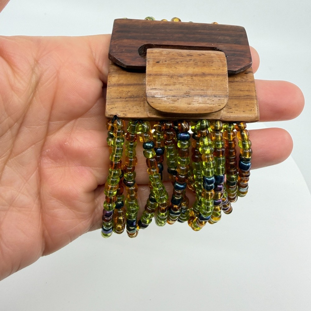 Multi Strand Seed Bead Wood Clasp Bracelet Green Amber Tone Boho Statement Gift
